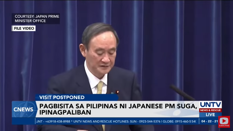 Takdang pagbisita ni Prime Minister Suga sa Pilipinas, ipinagpaliban